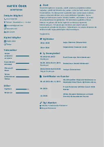 Beslenme Uzmanı Diyetisyen CV Örnekleri cv indir